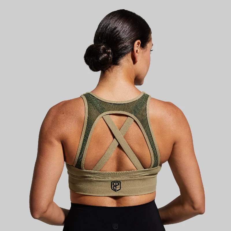 Compression tank sports bra – Combination of a tank top and sports bra, providing full coverage and support for the upper body.X-Factor Sports Bra (Brand Strength-Olive)