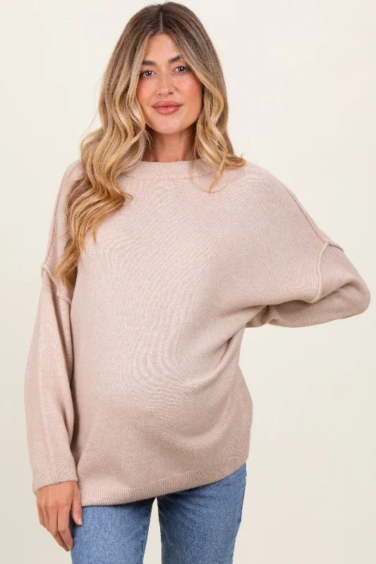 Cropped – Shortened length, above the waistBeige Oversized Crewneck Melange Knit Maternity Sweater