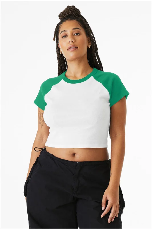 Tunic – Longer T-shirt, often reaching the hips or thighs, worn as a tunic topBella + Canvas Womens Micro Ribbed Raglan Short Sleeve Crewneck Baby T-Shirt - White/Kelly Green