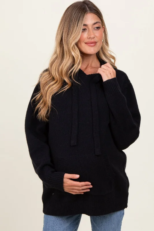 Cotton blend – Mix of cotton and synthetic fibers for comfortBlack Knit Front Pocket Hooded Maternity Sweater