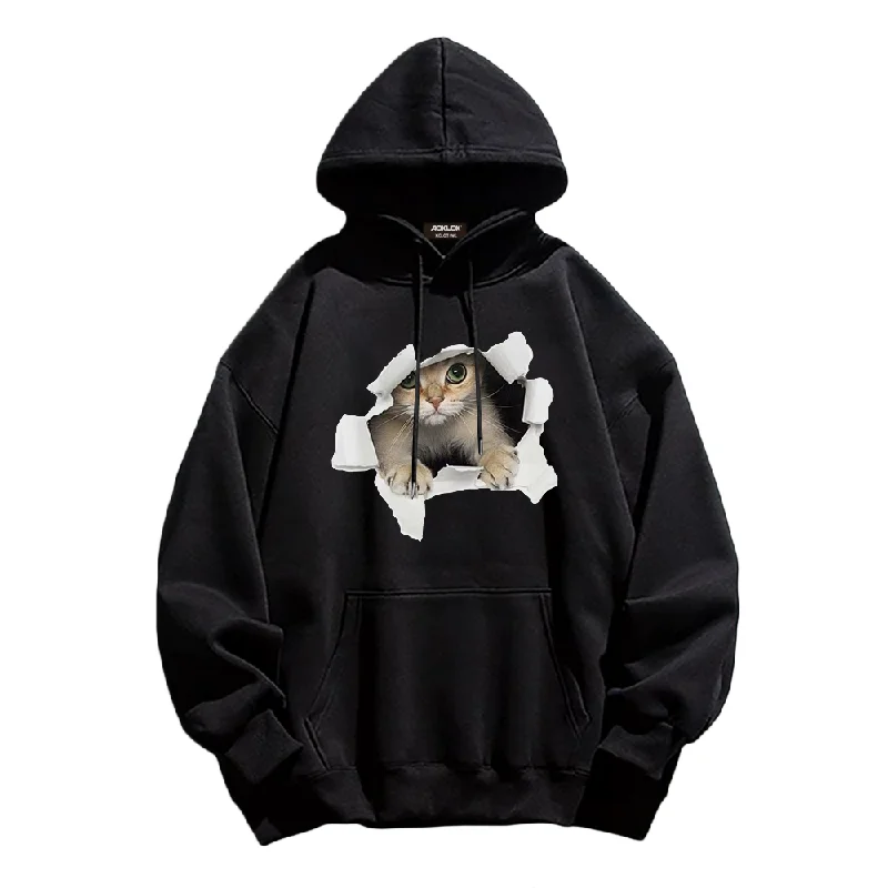 Cowl neck hoodie – Hoodie with a soft, draped collar that creates a relaxed, cozy feelBroken Wall Cat Print Hoodie