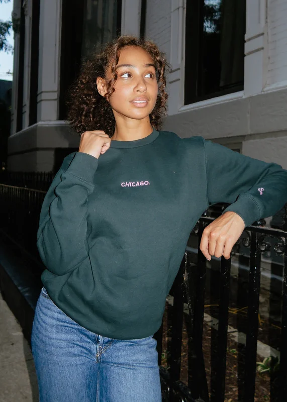 Turtleneck – High-neck style for added warmthChicago. Embroidered Crewneck - Pine & Pink