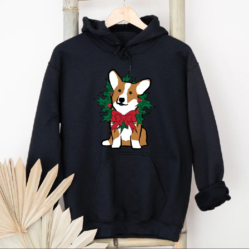 Banded hem hoodie – Sweatshirt with an elastic or ribbed band at the bottom to keep it in placeCorgi Christmas Wreath Hoodie (S-3XL) Unisex - Multiple Colors!