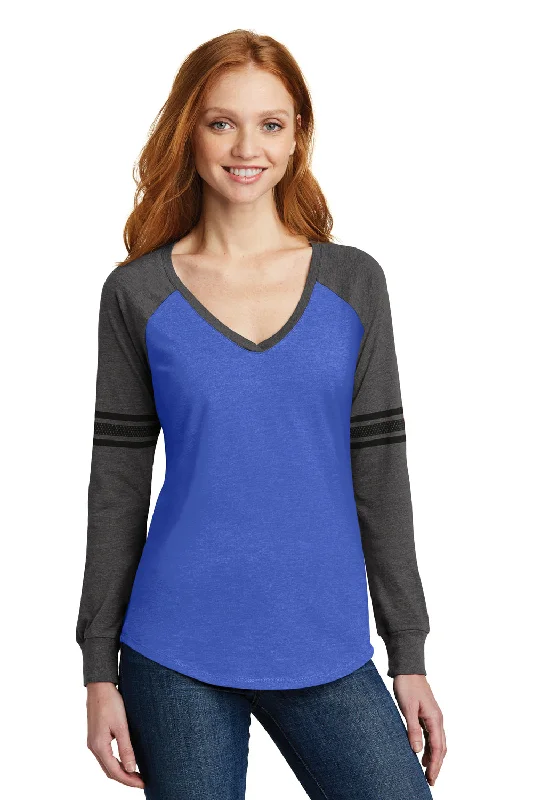 Ringer – T-shirt with contrasting colored trim around the neckline and sleevesDistrict Womens Game Long Sleeve V-Neck T-Shirt - Heather True Royal Blue/Heather Charcoal Grey/Black - Closeout