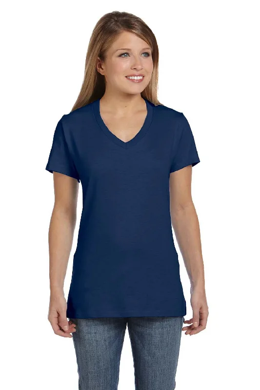 Ruffled – T-shirt with frills or ruffles at the sleeves or hemHanes Womens Nano-T Short Sleeve V-Neck T-Shirt - Vintage Navy Blue - Closeout