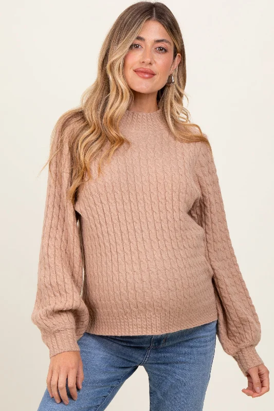 Drop shoulder – Sleeves that hang lower than the shoulder seam for a relaxed fitMocha Cable Knit Mock Neck Bubble Sleeve Maternity Sweater