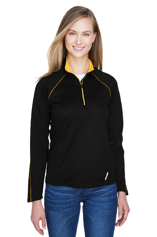 Banded hem hoodie – Sweatshirt with an elastic or ribbed band at the bottom to keep it in placeNorth End Womens Radar Performance Moisture Wicking 1/4 Zip Sweatshirt - Black/Campus Gold - Closeout