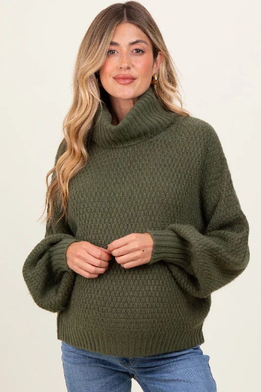 Cable knit – Featuring textured, braided patternsOlive Chunky Knit Turtleneck Maternity Sweater