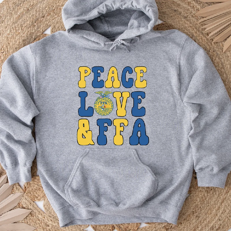 Raglan sleeve hoodie – Hooded sweatshirt with diagonal seam lines extending from the collarPeace Love FFA Hoodie (S-3XL) Unisex - Multiple Colors!