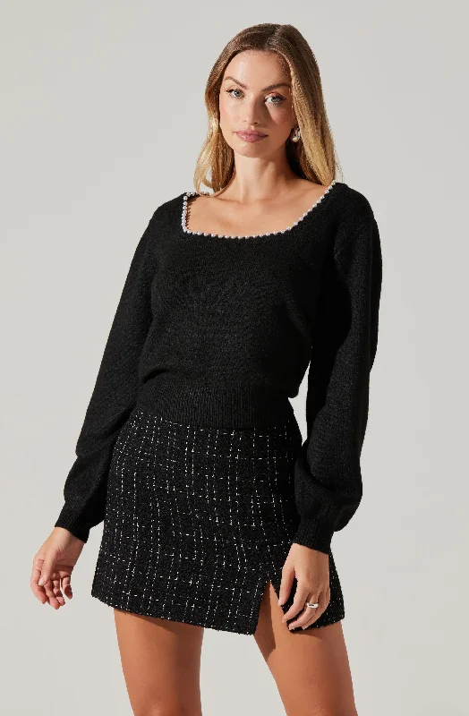 Cardigan – Open-front sweater, often buttoned or with a tiePearl Lined Square Neck Sweater