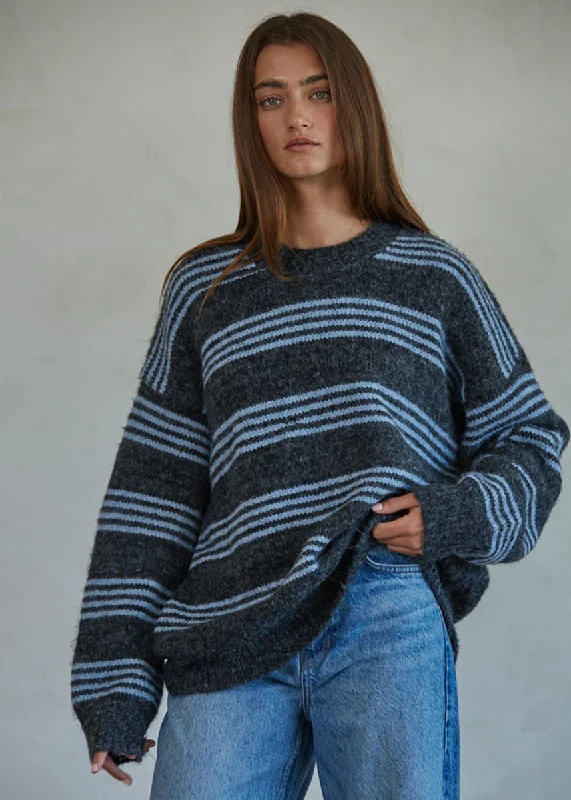 Drop shoulder – Sleeves that hang lower than the shoulder seam for a relaxed fitRaleigh Striped Pullover - Charcoal & Blue