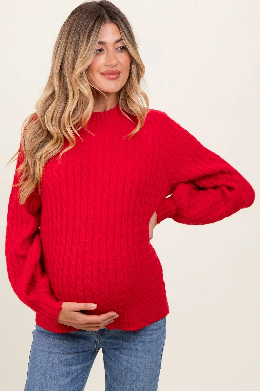 Raglan sleeve – Diagonal sleeve seams that extend to the necklineRed Cable Knit Mock Neck Bubble Sleeve Maternity Sweater