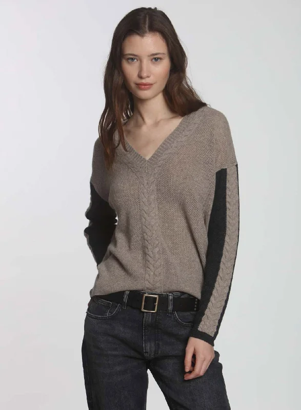 Cable knit – Featuring textured, braided patternsSienna Block Vee - Taupe/coal