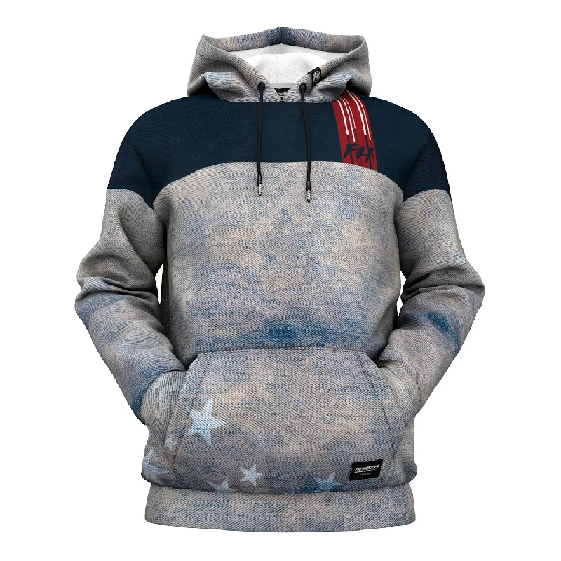 Raglan sleeve hoodie – Hooded sweatshirt with diagonal seam lines extending from the collarStarry Denim Hoodie