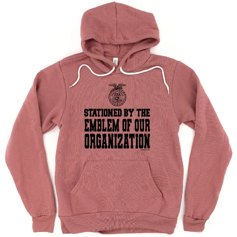 Graphic hoodie – Hoodie with printed designs, logos, or artworkSTATIONED BY THE EMBLEM OF OUR organization  FFA (S-3XL) Unisex - Multiple Colors!