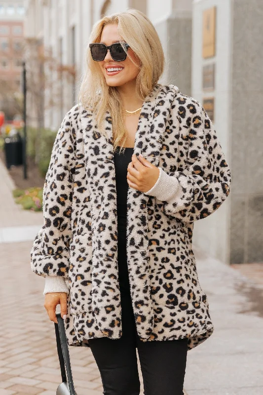 Boxy – Square, loose shapeLeopard Teddy Fleece Hooded Cardigan